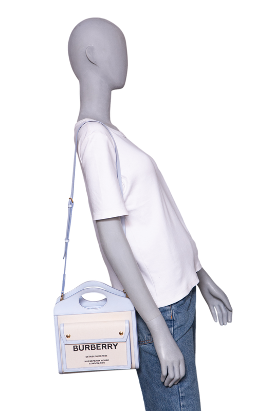 BURBERRY MINI POCKET BAG CANVAS AND LEATHER PALE BLUE