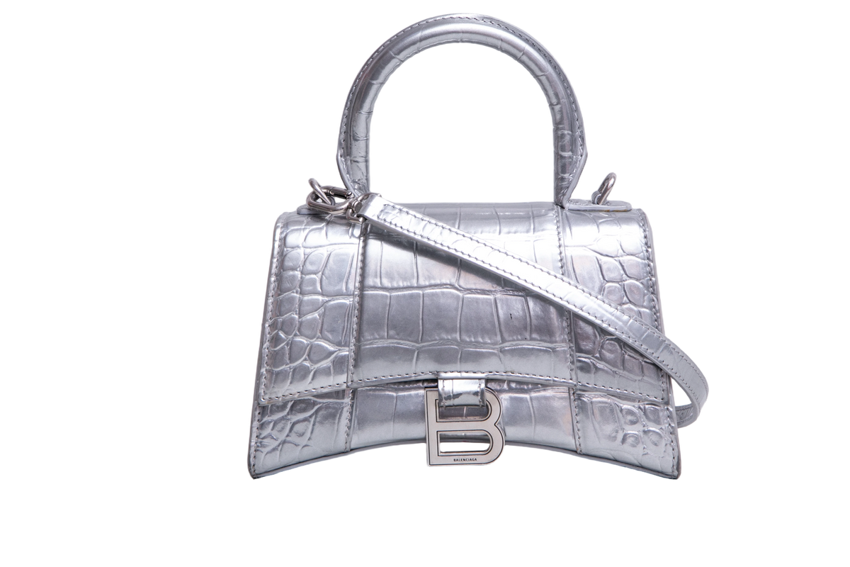 BALENCIAGA HOURGLASS XS EMBOSSED CROCO SILVER