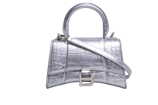 BALENCIAGA HOURGLASS XS EMBOSSED CROCO SILVER