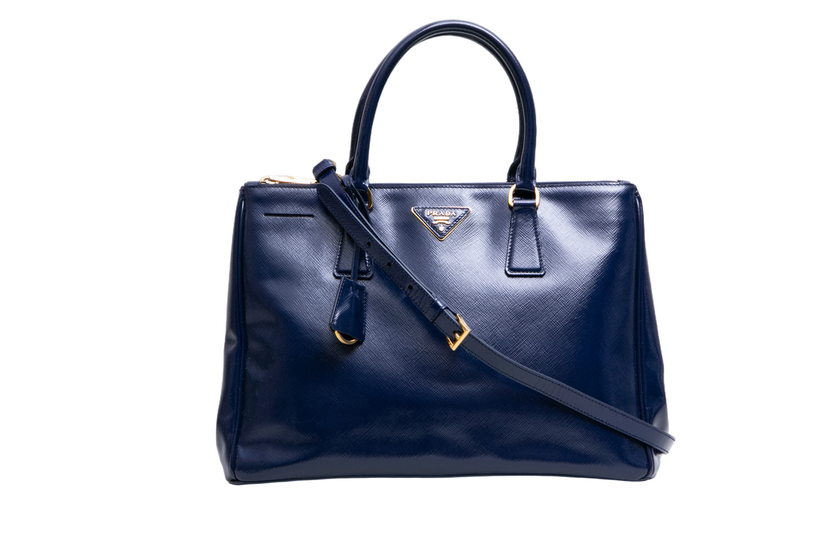 PRADA GALLERIA SAFFIANO LUX DOUBLE ZIP PATENT NAVY