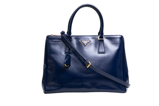 PRADA GALLERIA SAFFIANO LUX DOUBLE ZIP PATENT NAVY