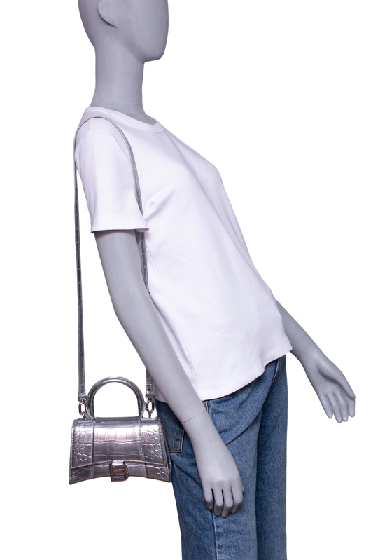 BALENCIAGA HOURGLASS XS EMBOSSED CROCO SILVER