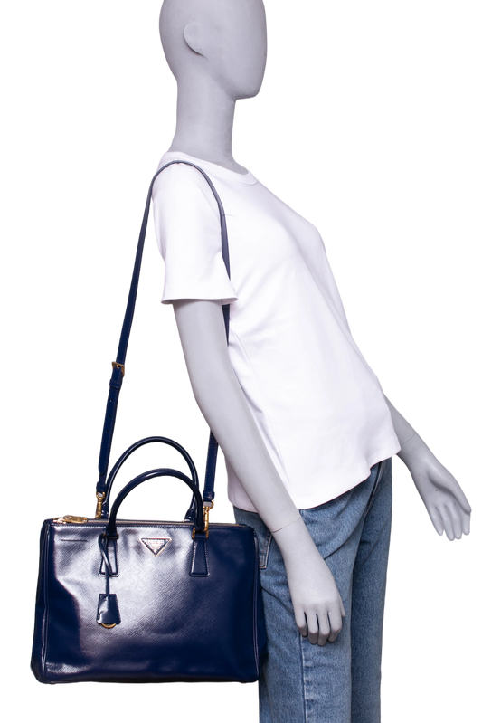 PRADA GALLERIA SAFFIANO LUX DOUBLE ZIP PATENT NAVY