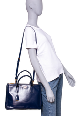 PRADA GALLERIA SAFFIANO LUX DOUBLE ZIP PATENT NAVY