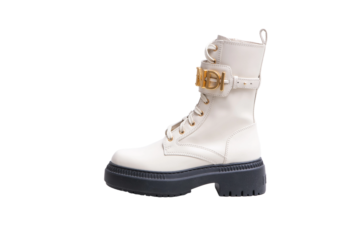 FENDI COMBAT BOOTS BIKER FENDIGRAPHY SIGNATURE GRAPHIC CREAM