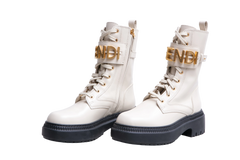 FENDI COMBAT BOOTS BIKER FENDIGRAPHY SIGNATURE GRAPHIC CREAM