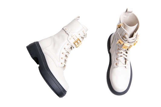 FENDI COMBAT BOOTS BIKER FENDIGRAPHY SIGNATURE GRAPHIC CREAM