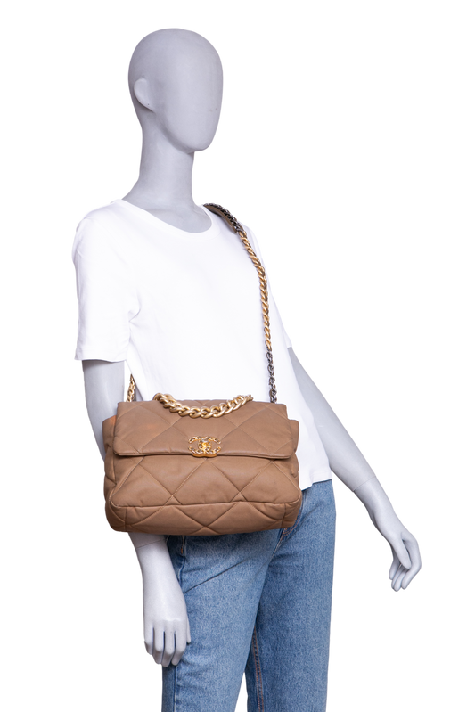 CHANEL 19 LARGE FLAP NYLON/JERSEY DARK BEIGE