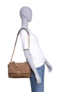 CHANEL 19 LARGE FLAP NYLON/JERSEY DARK BEIGE