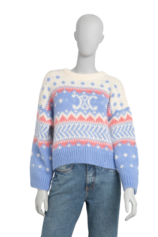 CELINE CREW NECK SWEATER IN FAIR ISLE MOHAIR BLUE JUMPER