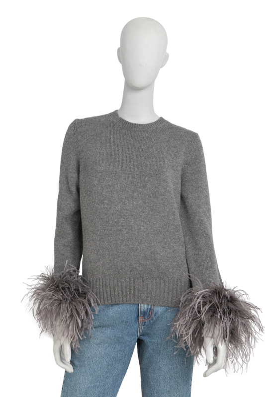 PRADA FEATHER TRIMMED CASHMERE CREW NECK GRAY
