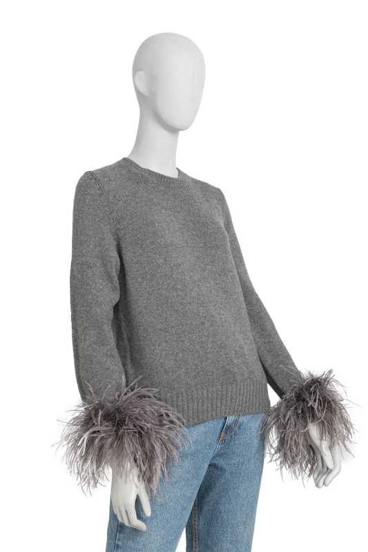 PRADA FEATHER TRIMMED CASHMERE CREW NECK GRAY