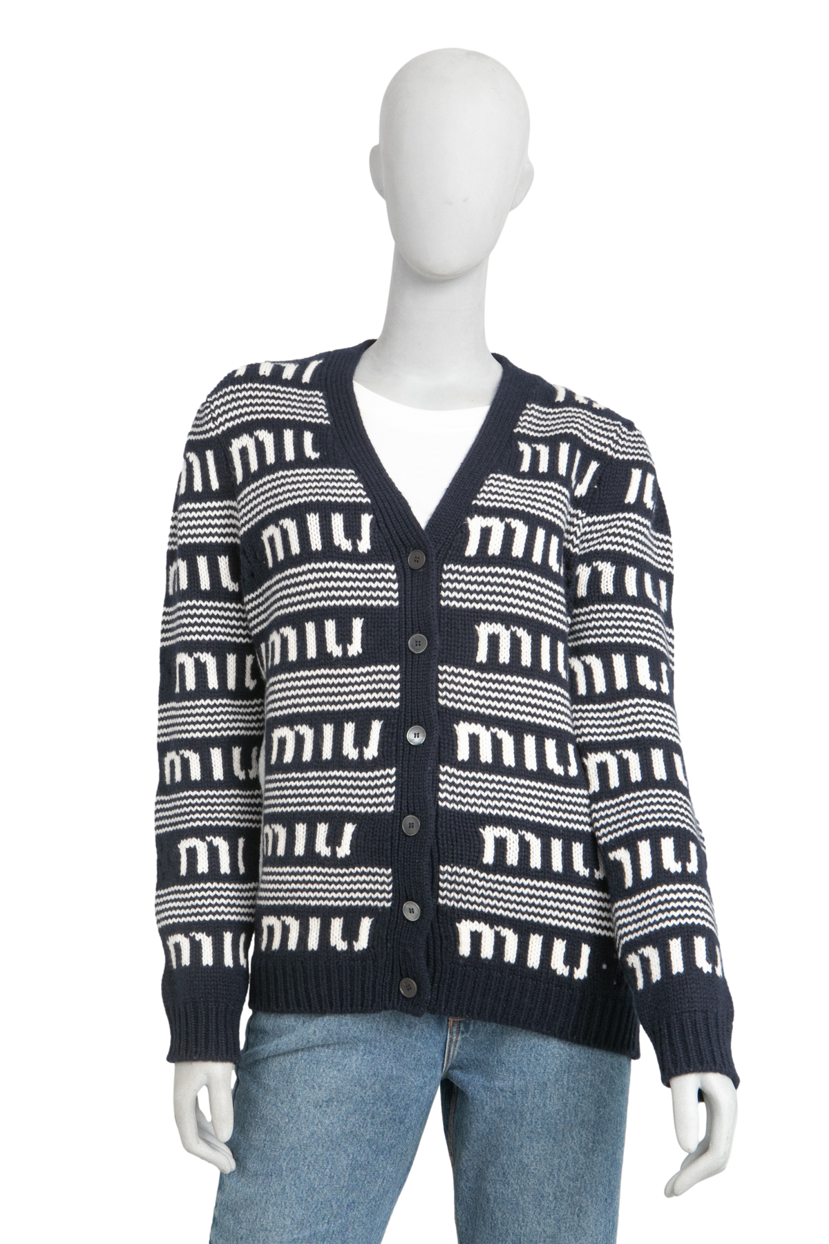 MIU MIU CARDIGAN CASHMERE LOGO NAVY/WHITE