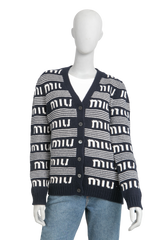 MIU MIU CARDIGAN CASHMERE LOGO NAVY/WHITE