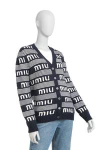 MIU MIU CARDIGAN CASHMERE LOGO NAVY/WHITE