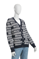 MIU MIU CARDIGAN CASHMERE LOGO NAVY/WHITE
