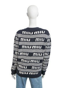 MIU MIU CARDIGAN CASHMERE LOGO NAVY/WHITE
