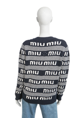 MIU MIU CARDIGAN CASHMERE LOGO NAVY/WHITE