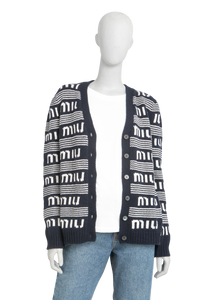 MIU MIU CARDIGAN CASHMERE LOGO NAVY/WHITE