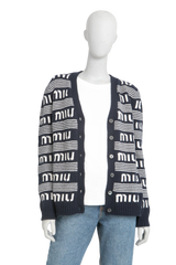 MIU MIU CARDIGAN CASHMERE LOGO NAVY/WHITE