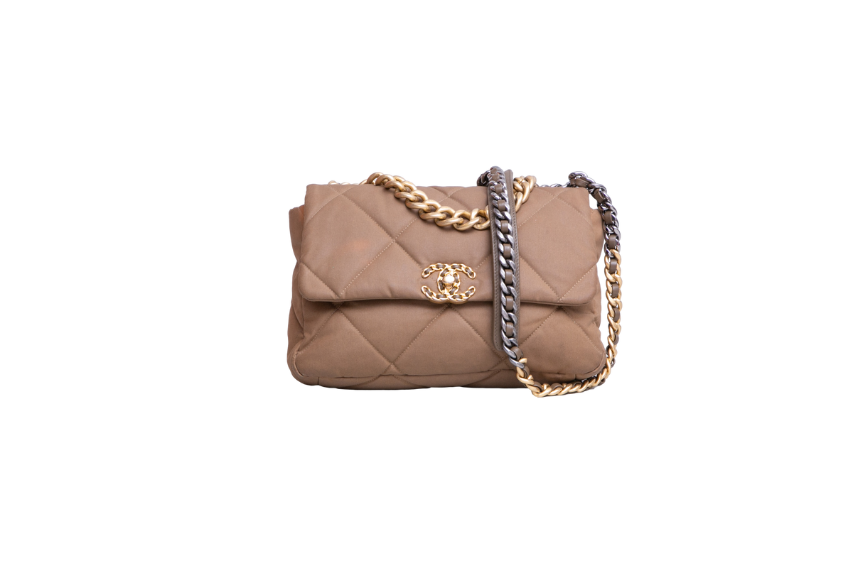CHANEL 19 LARGE FLAP NYLON/JERSEY DARK BEIGE