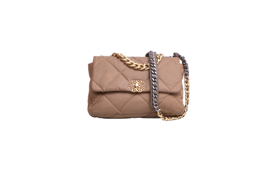 CHANEL 19 LARGE FLAP NYLON/JERSEY DARK BEIGE