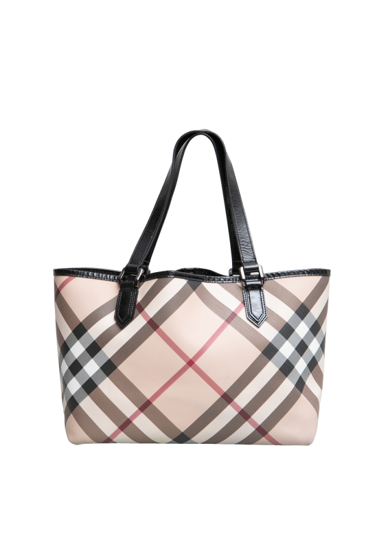 BURBERRY SUPERNOVA CHECK COATED NICKIE TOTE CANVAS BLACK/BEIGE