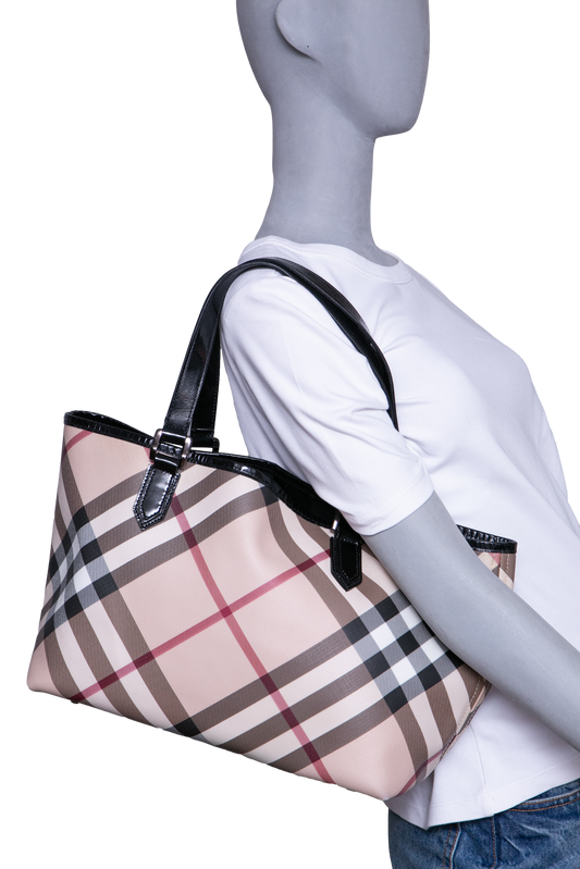 BURBERRY SUPERNOVA CHECK COATED NICKIE TOTE CANVAS BLACK/BEIGE