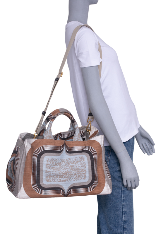 PRADA CANAPA TOTE BAG MULTICOLOR PRINTED TAN