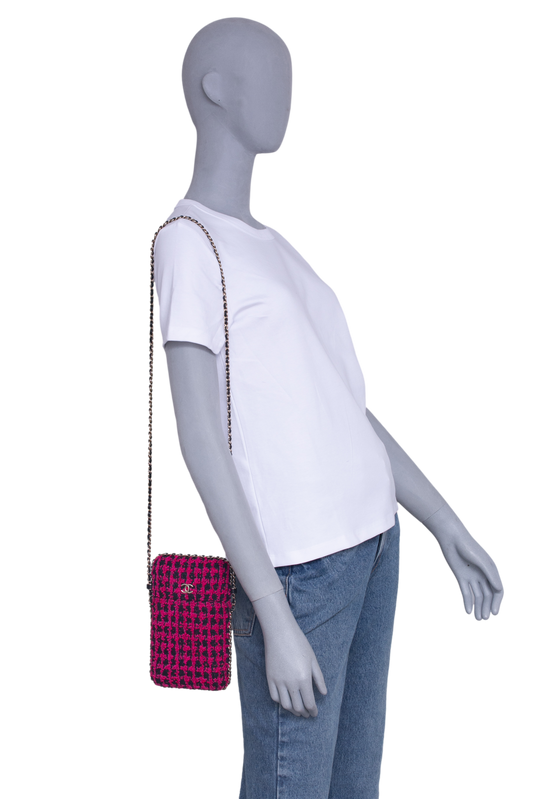 CHANEL PHONE HOLDER TWEED CHAIN AROUND PINK