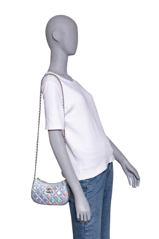 CHANEL CLUTCH ON CHAIN IRIDESCENT MIRROR GOATSKIN QUILTED SILVER HDWR