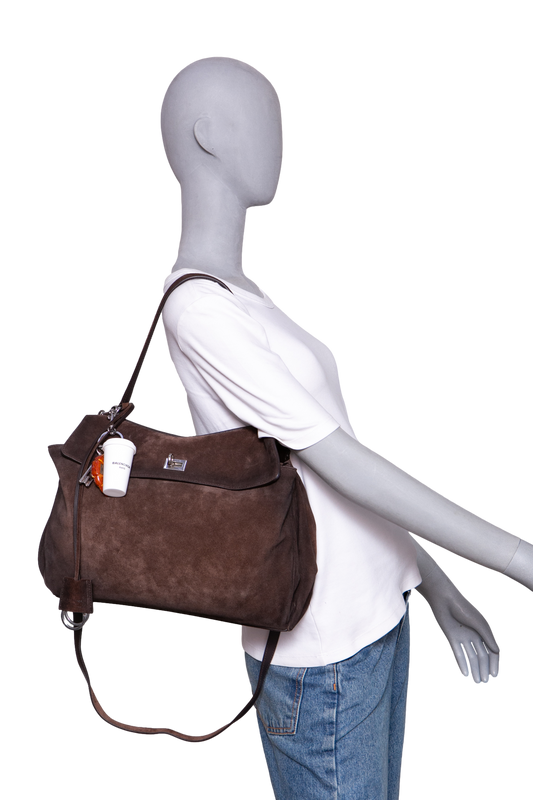 BALENCIAGA RODEO MEDIUM SUEDE LIGHT EXPRESSO-CHARM COFFEE CUP/CROISSANT