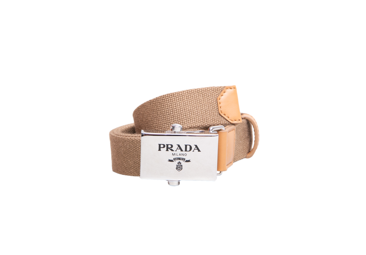 PRADA BELT BEGE CANVAS/LEATHER BOUCLE SILVER