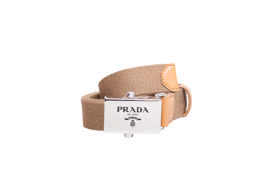 PRADA BELT BEGE CANVAS/LEATHER BOUCLE SILVER