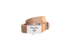 PRADA BELT BEGE CANVAS/LEATHER BOUCLE SILVER