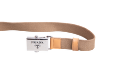 PRADA BELT BEGE CANVAS/LEATHER BOUCLE SILVER