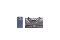 CHANEL CLASSIC DOUBLE FLAP MEDIUM LAMBSKIN METALLIC GREY SILVER HDWR