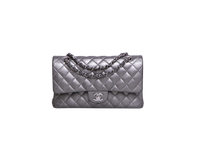 CHANEL CLASSIC DOUBLE FLAP MEDIUM LAMBSKIN METALLIC GREY SILVER HDWR