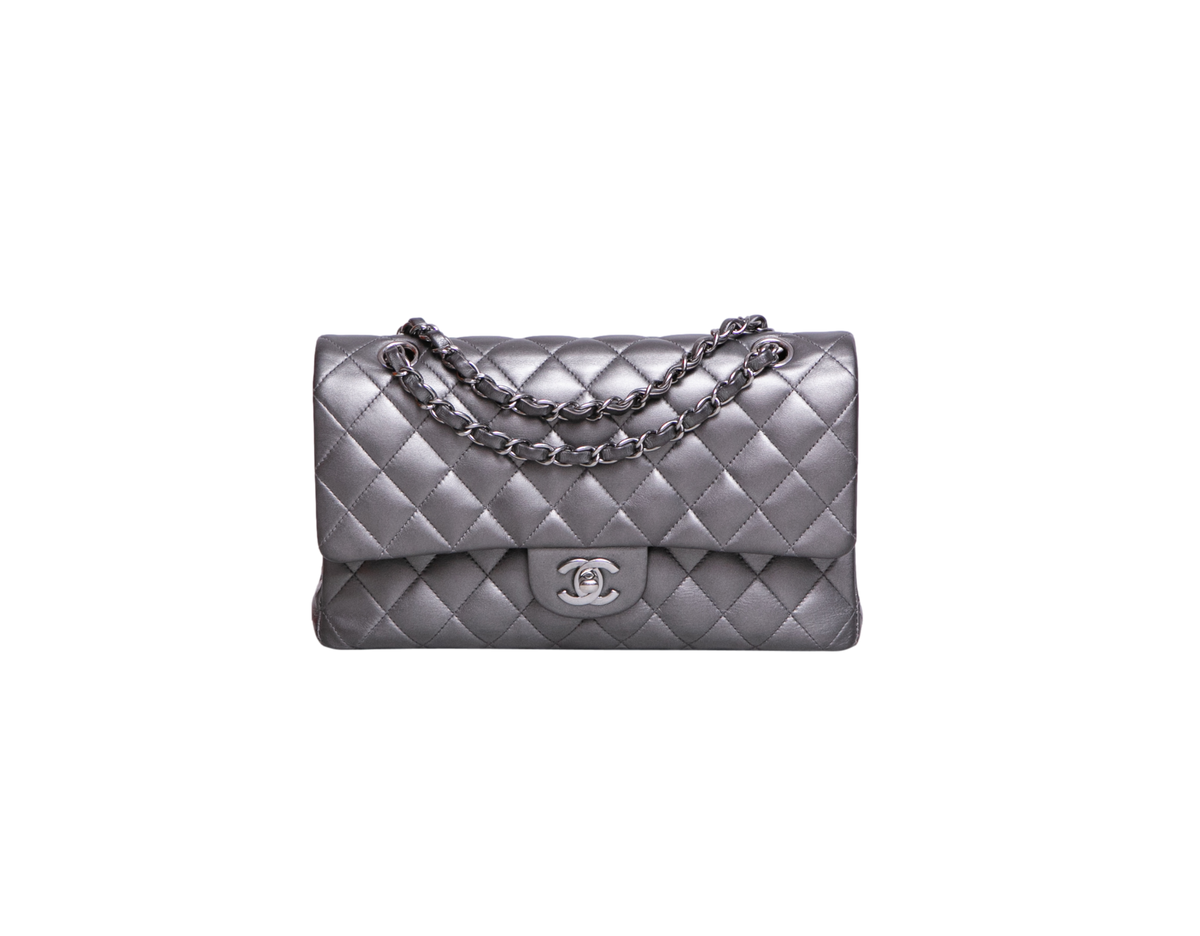 CHANEL CLASSIC DOUBLE FLAP MEDIUM LAMBSKIN METALLIC GREY SILVER HDWR