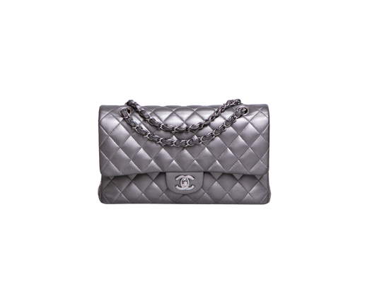 CHANEL CLASSIC DOUBLE FLAP MEDIUM LAMBSKIN METALLIC GREY SILVER HDWR