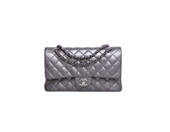 CHANEL CLASSIC DOUBLE FLAP MEDIUM LAMBSKIN METALLIC GREY SILVER HDWR