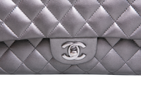 CHANEL CLASSIC DOUBLE FLAP MEDIUM LAMBSKIN METALLIC GREY SILVER HDWR
