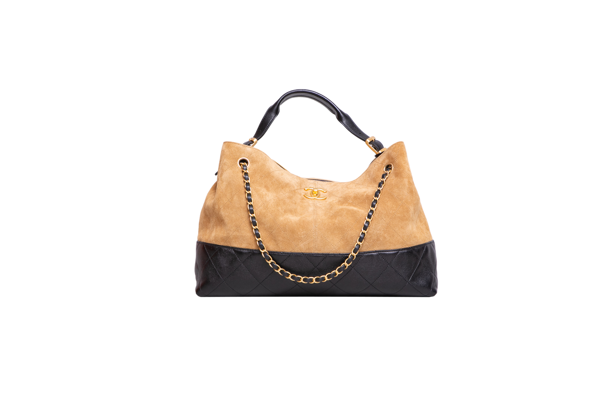 CHANEL 25 A COCO SUEDE CALFSKIN COCO BASE SHOPPING BEIGE/BLACK SUEDE E LEATHER