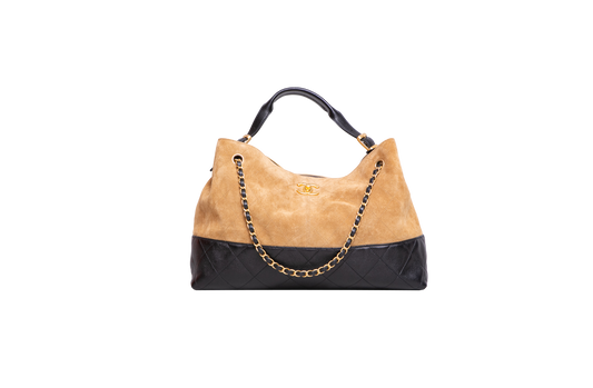 CHANEL 25 A COCO SUEDE CALFSKIN COCO BASE SHOPPING BEIGE/BLACK SUEDE E LEATHER