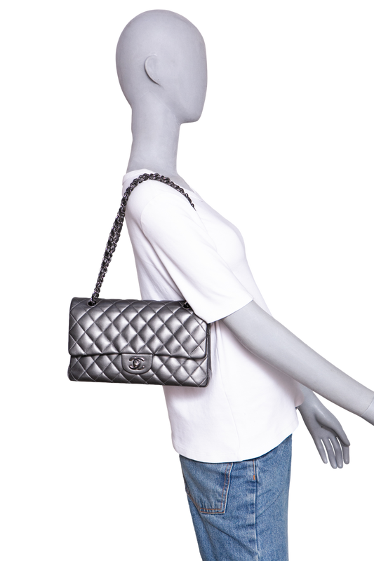 CHANEL CLASSIC DOUBLE FLAP MEDIUM LAMBSKIN METALLIC GREY SILVER HDWR