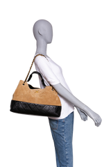 CHANEL 25 A COCO SUEDE CALFSKIN COCO BASE SHOPPING BEIGE/BLACK SUEDE E LEATHER