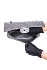 CHANEL CLASSIC DOUBLE FLAP MEDIUM LAMBSKIN METALLIC GREY SILVER HDWR