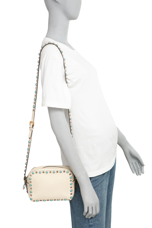 VALENTINO CAMERA ROCKSTUD OFF WHITE/TURQUOISE STUDS
