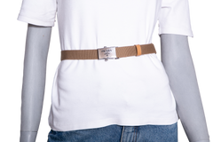 PRADA BELT BEGE CANVAS/LEATHER BOUCLE SILVER