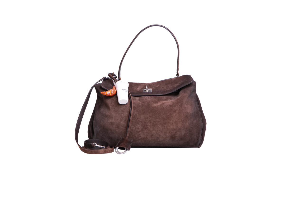 BALENCIAGA RODEO MEDIUM SUEDE LIGHT EXPRESSO-CHARM COFFEE CUP/CROISSANT